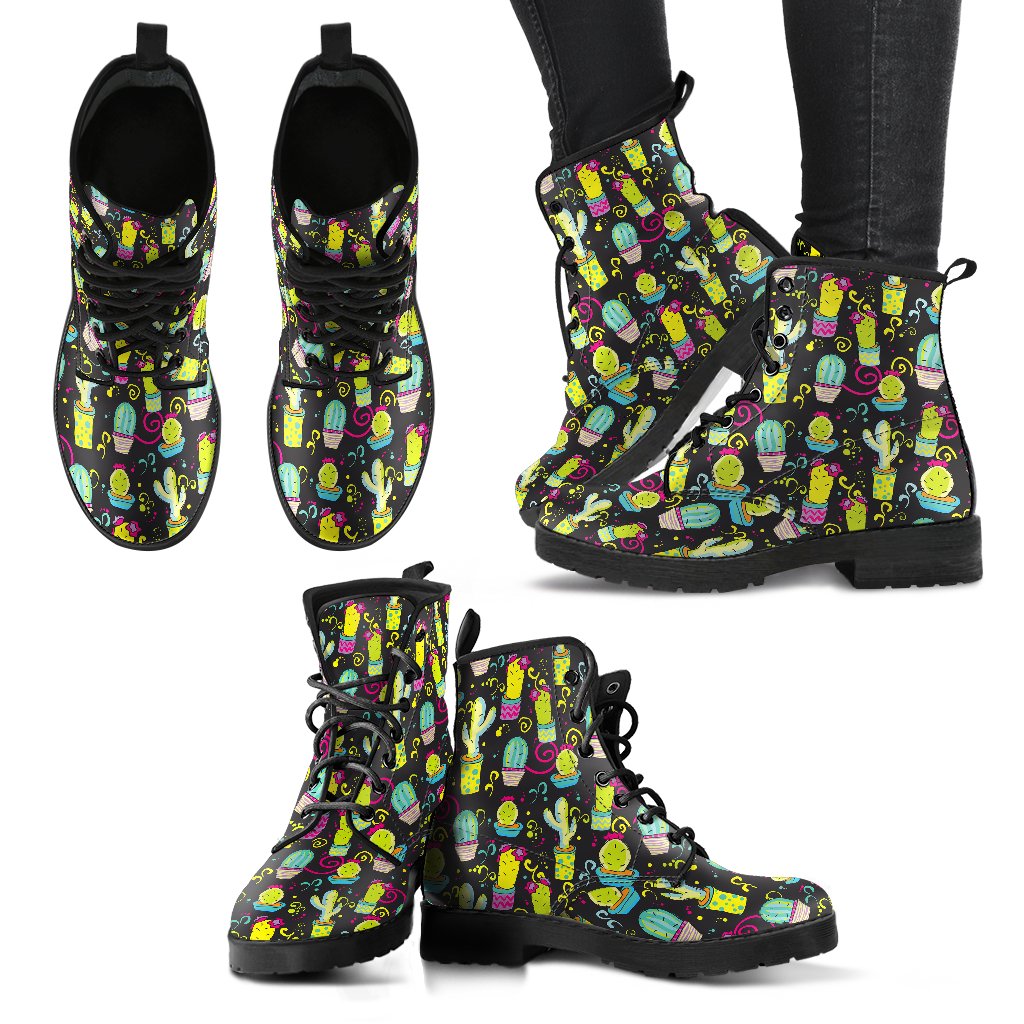 Cactus Neon Style Print Pattern Women Leather Boots-JTAMIGO.COM
