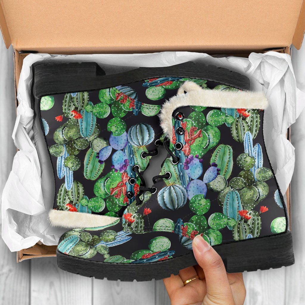 Cactus Watercolor Style Print Faux Fur Leather Boots-JTAMIGO.COM