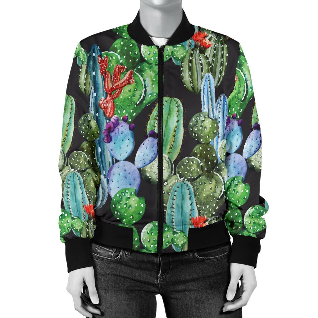 Cactus Watercolor Style Print Women Casual Bomber Jacket