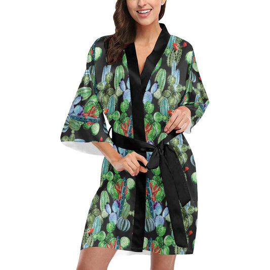 Cactus Watercolor Style Print Women Short Kimono Robe