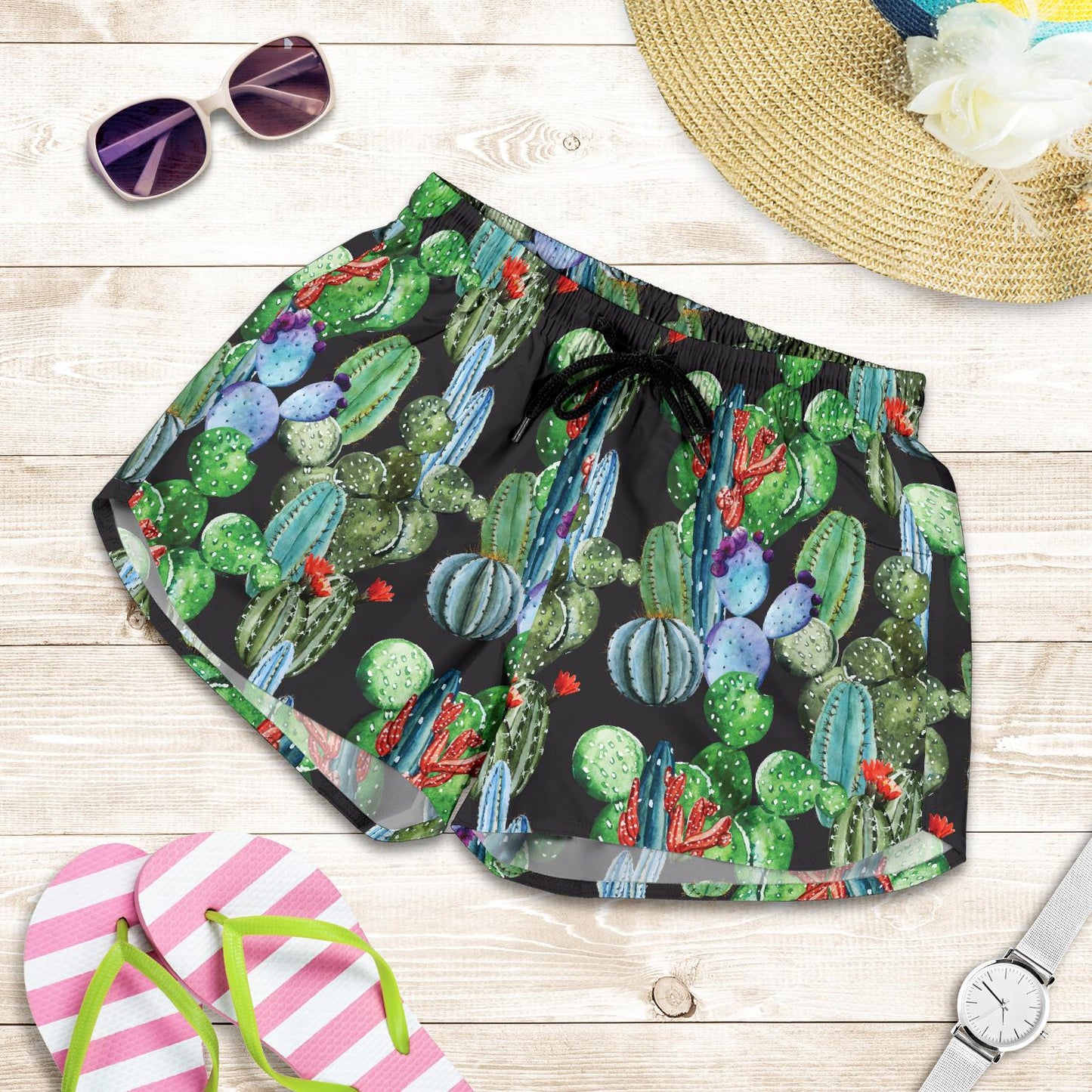Cactus Watercolor Style Print Women Shorts-JTAMIGO.COM