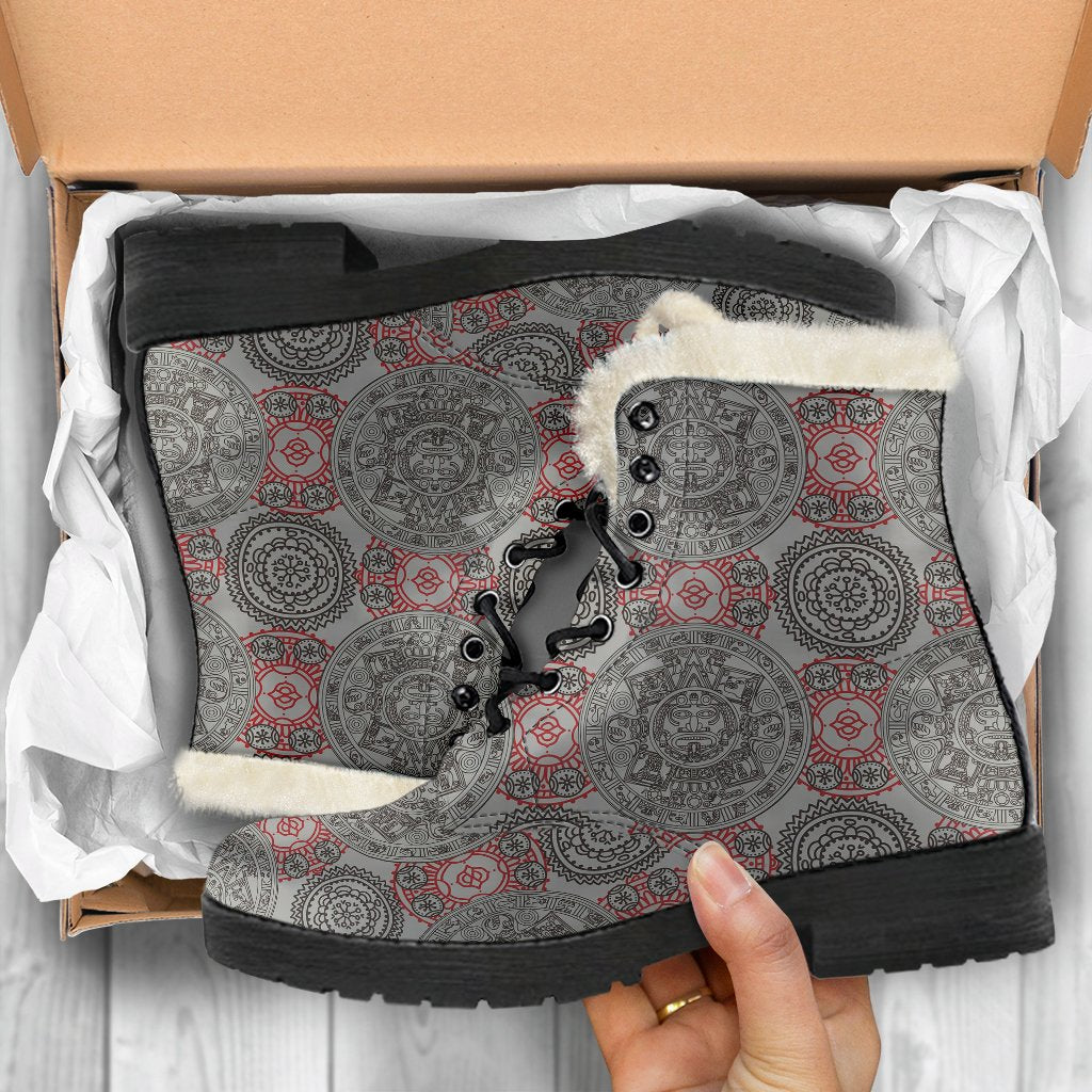 Calendar Aztec Style Print Pattern Faux Fur Leather Boots-JTAMIGO.COM
