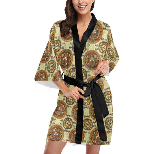Calendar Aztec Themed Print Pattern Women Short Kimono Robe