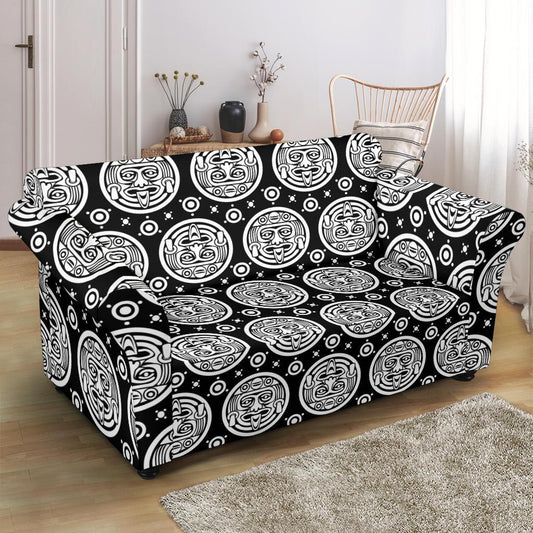 Calendar Aztec White Black Print Pattern Loveseat Slipcover-JTAMIGO.COM