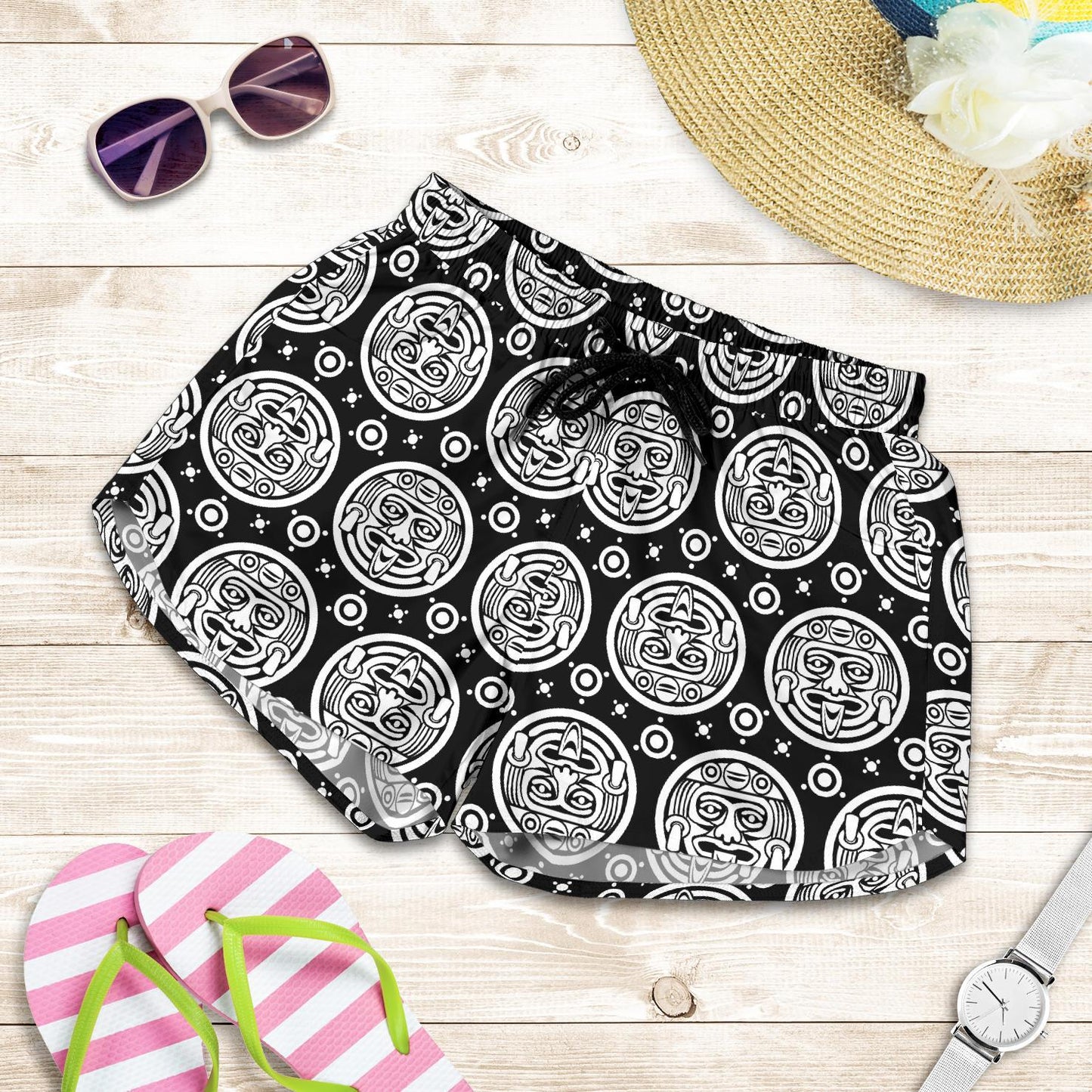 Calendar Aztec White Black Print Pattern Women Shorts-JTAMIGO.COM