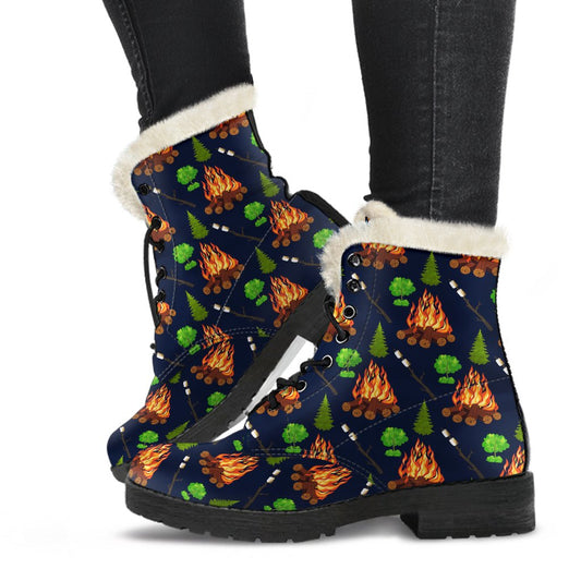 Camfire marshmallow Camping Design Print Faux Fur Leather Boots-JTAMIGO.COM