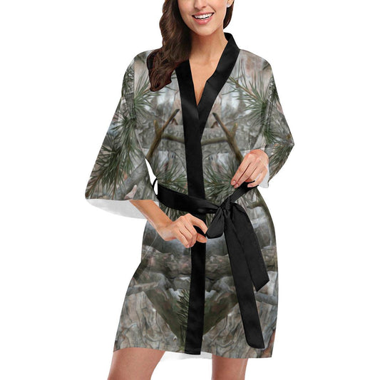 Camo Realistic Tree Forest Pattern Women Short Kimono Robe