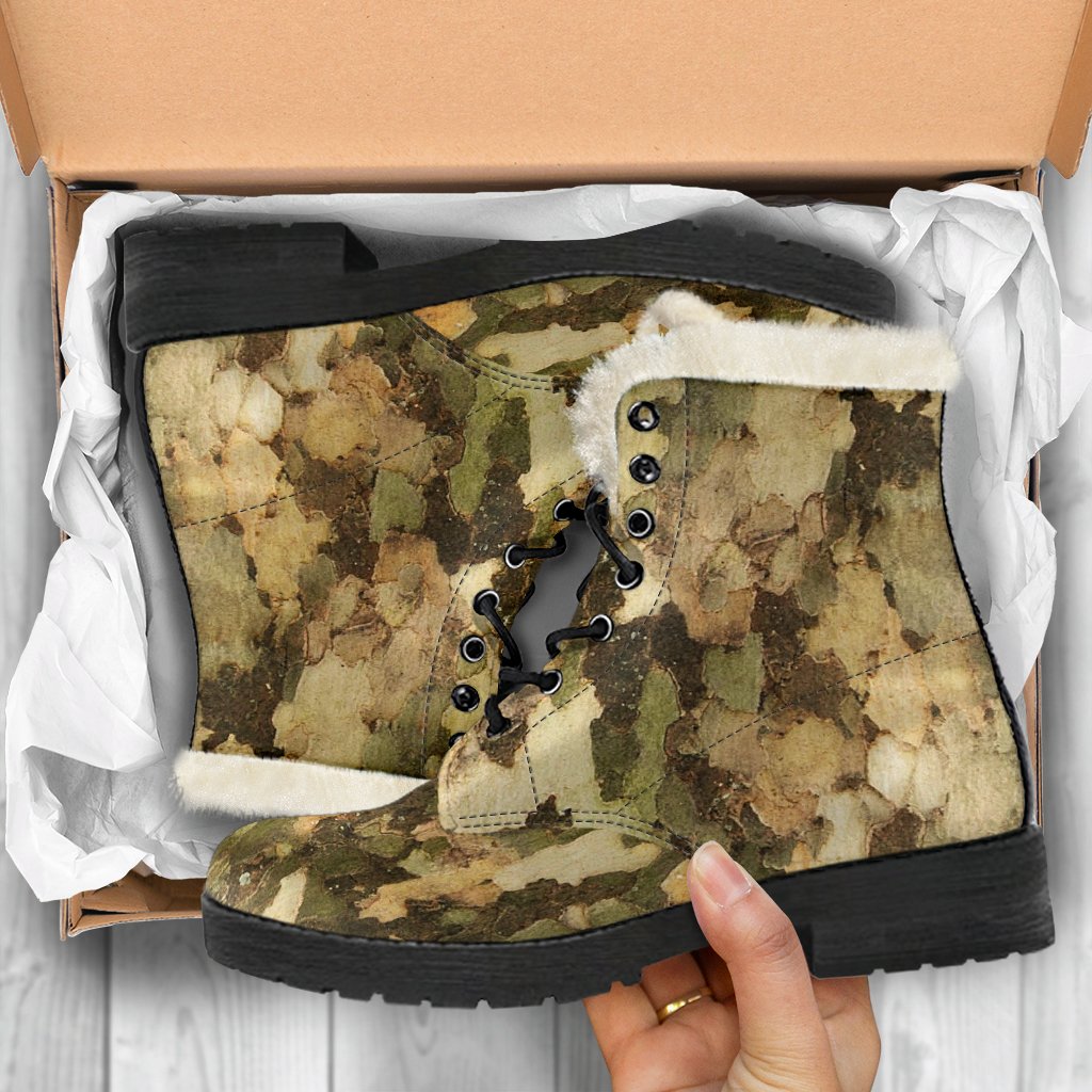 Camo Realistic Tree Texture Print Faux Fur Leather Boots-JTAMIGO.COM