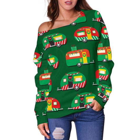 Camper Camping Christmas Themed Print Off Shoulder Sweatshirt
