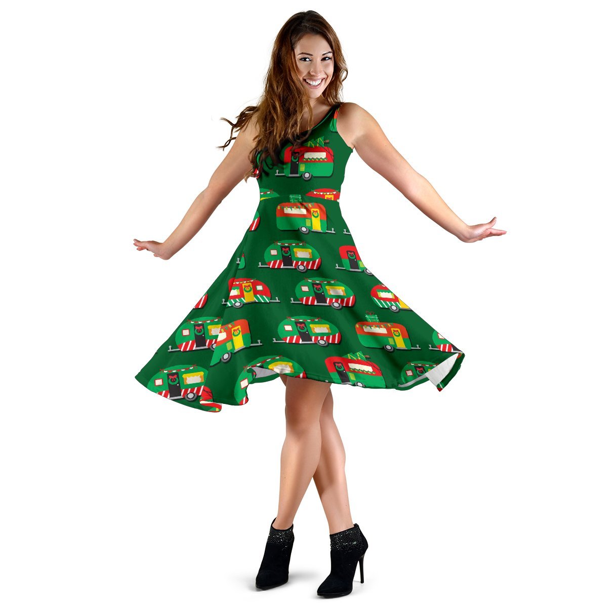 Camper Camping Christmas Themed Print Sleeveless Dress