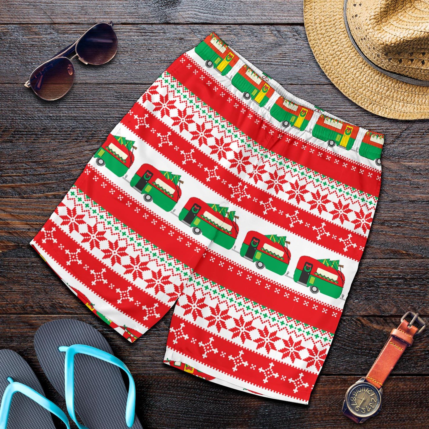 Camper Camping Ugly Christmas Design Print Mens Shorts-JTAMIGO.COM