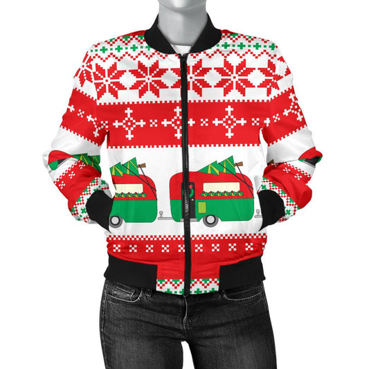 Camper Camping Ugly Christmas Design Print Women Casual Bomber Jacket
