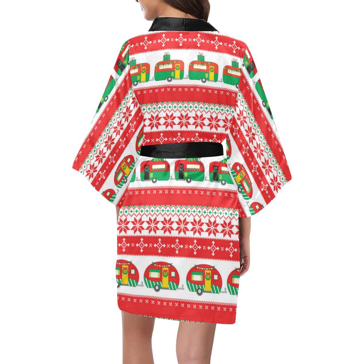 Camper Camping Ugly Christmas Design Print Women Short Kimono Robe