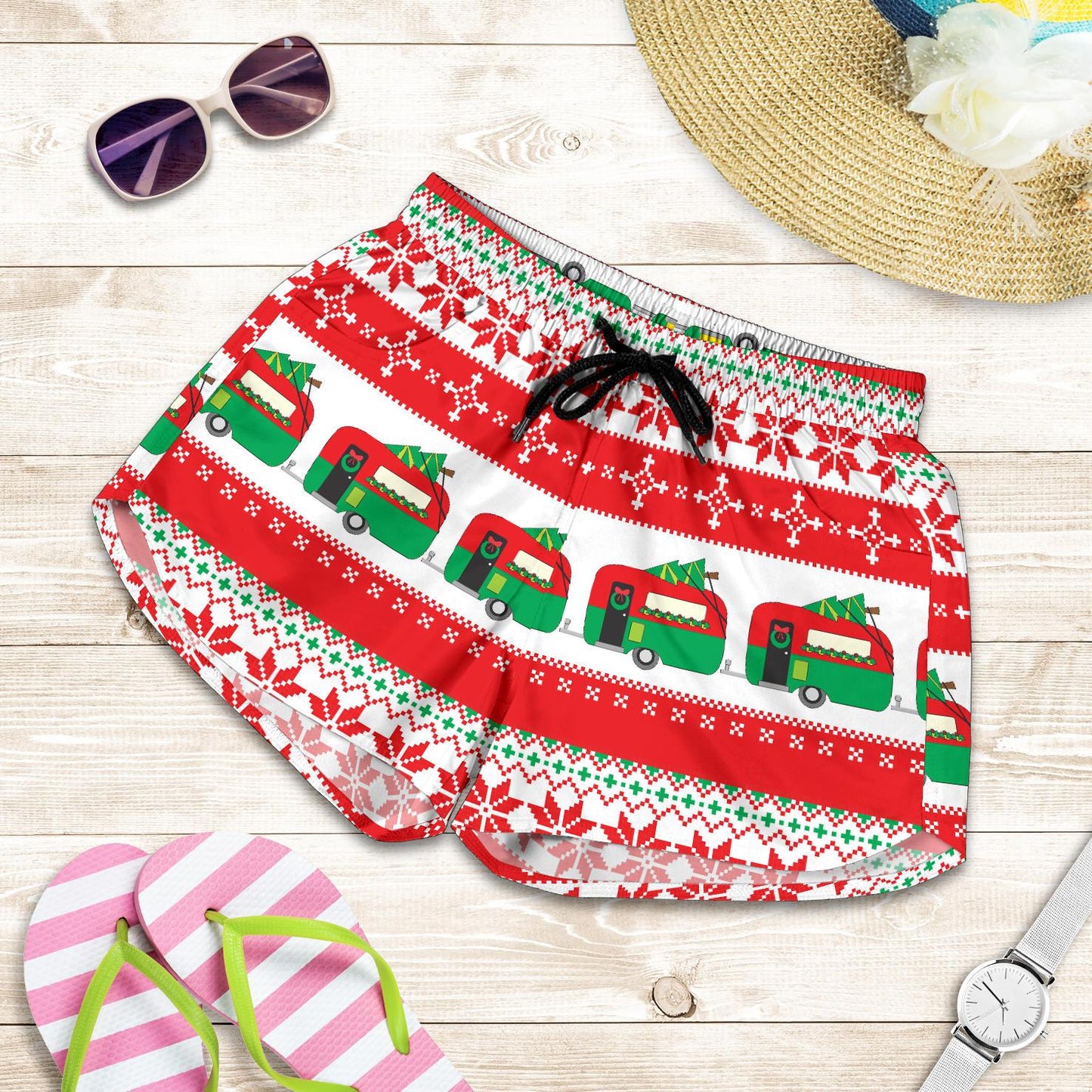 Camper Camping Ugly Christmas Design Print Women Shorts-JTAMIGO.COM