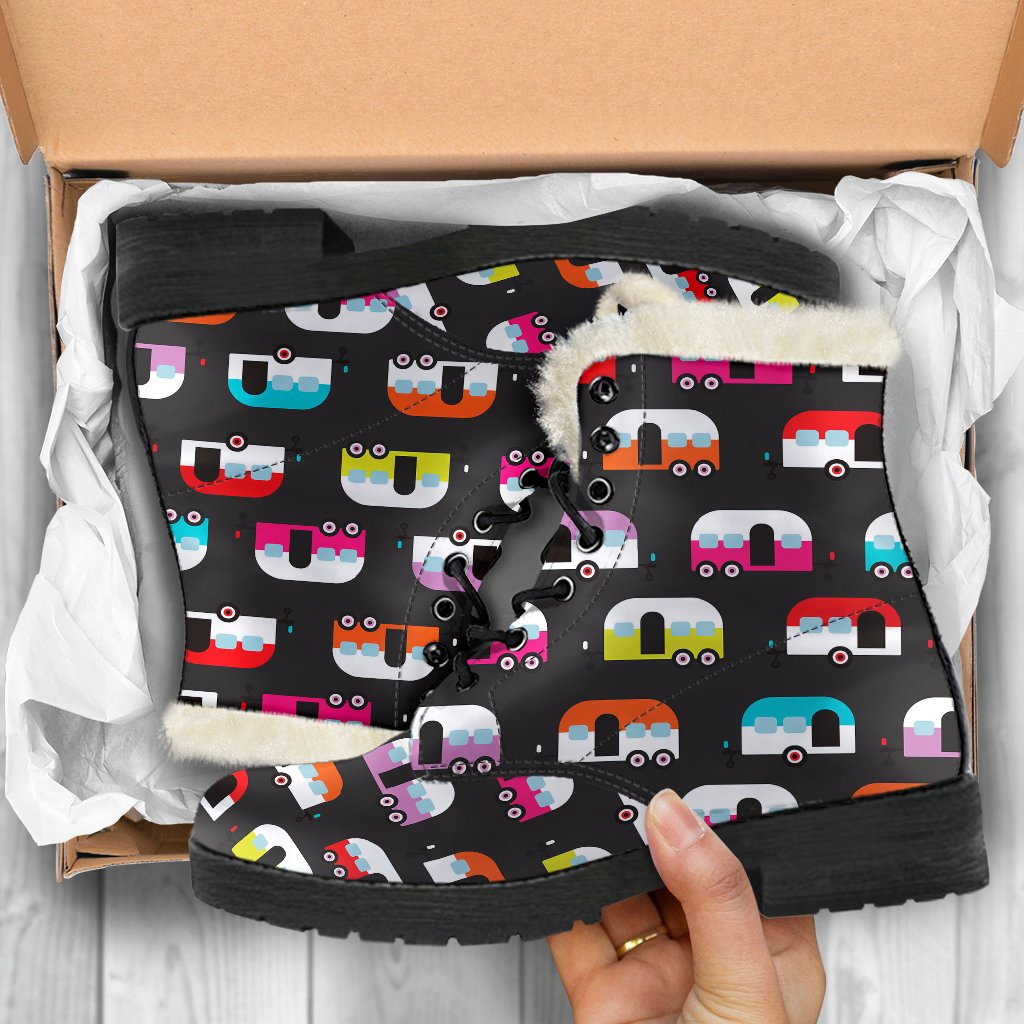 Camper Caravan Pattern Faux Fur Leather Boots-JTAMIGO.COM