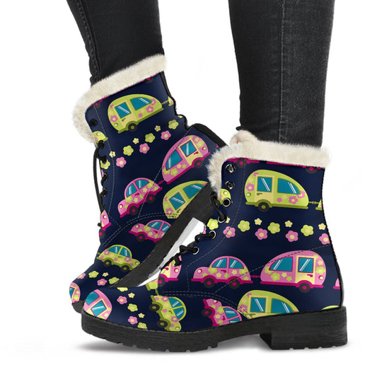 Camper Cute Camping Design No 3 Print Faux Fur Leather Boots-JTAMIGO.COM