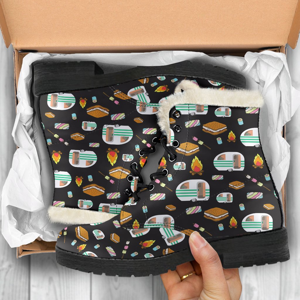 Camper marshmallow Camping Design Print Faux Fur Leather Boots-JTAMIGO.COM