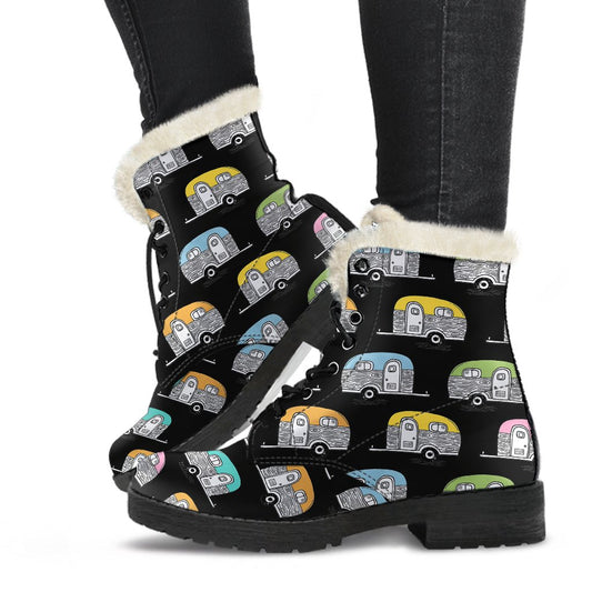 Camper Pattern Camping Themed No 2 Print Faux Fur Leather Boots-JTAMIGO.COM