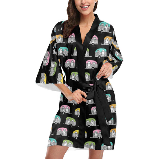 Camper Pattern Camping Themed No 2 Print Women Short Kimono Robe