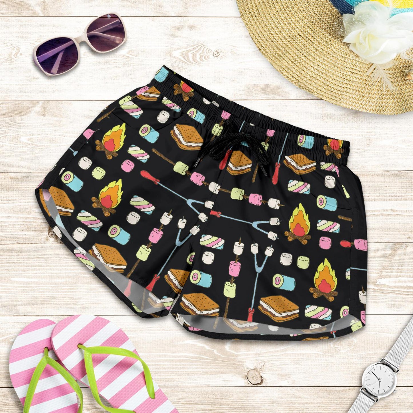 Camping Campfire Marshmallows Women Shorts-JTAMIGO.COM