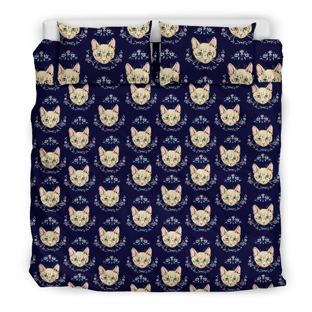 Cat Head With Flower Print Pattern Duvet Cover Bedding Set