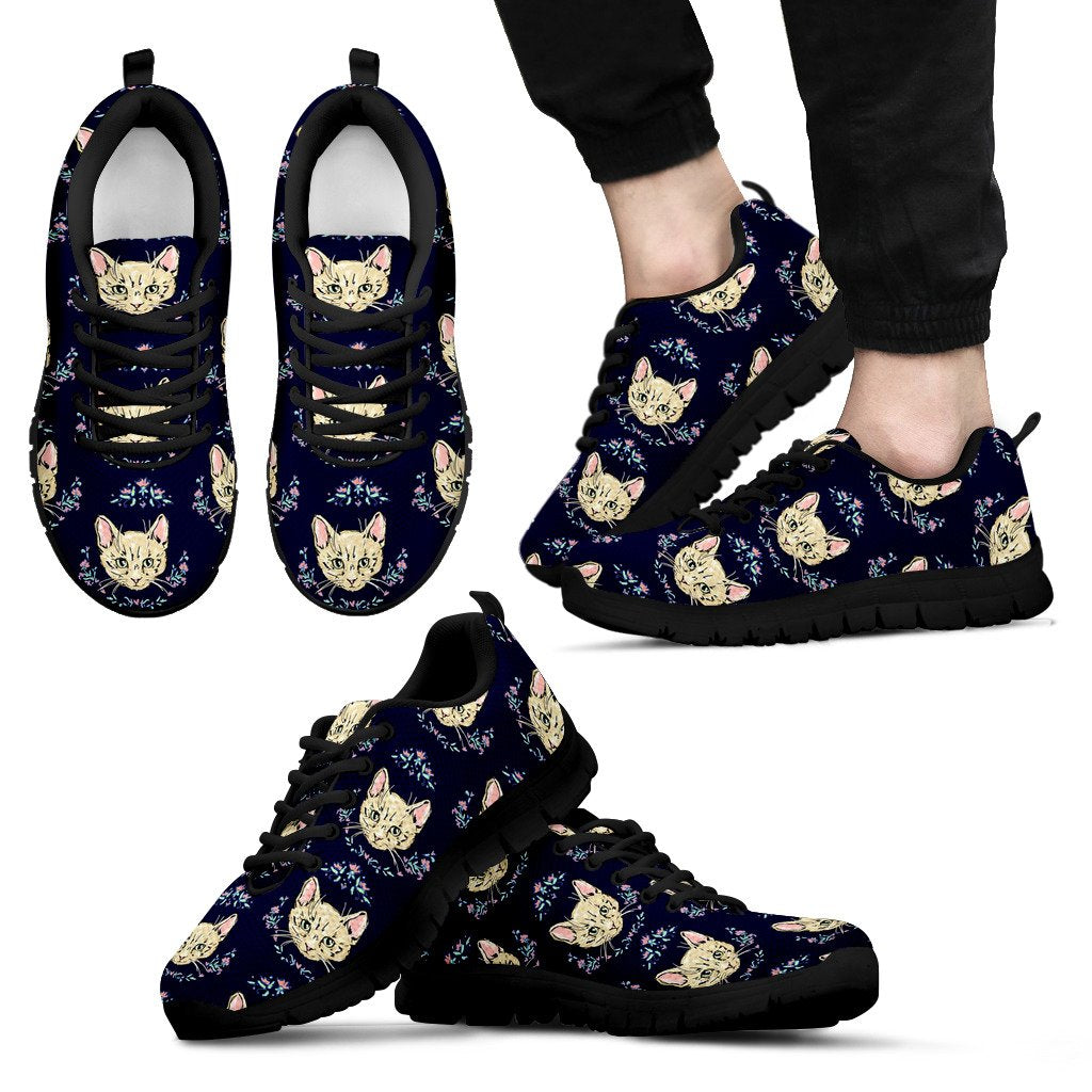 Cat Head with flower Print Pattern Men Sneakers Shoes