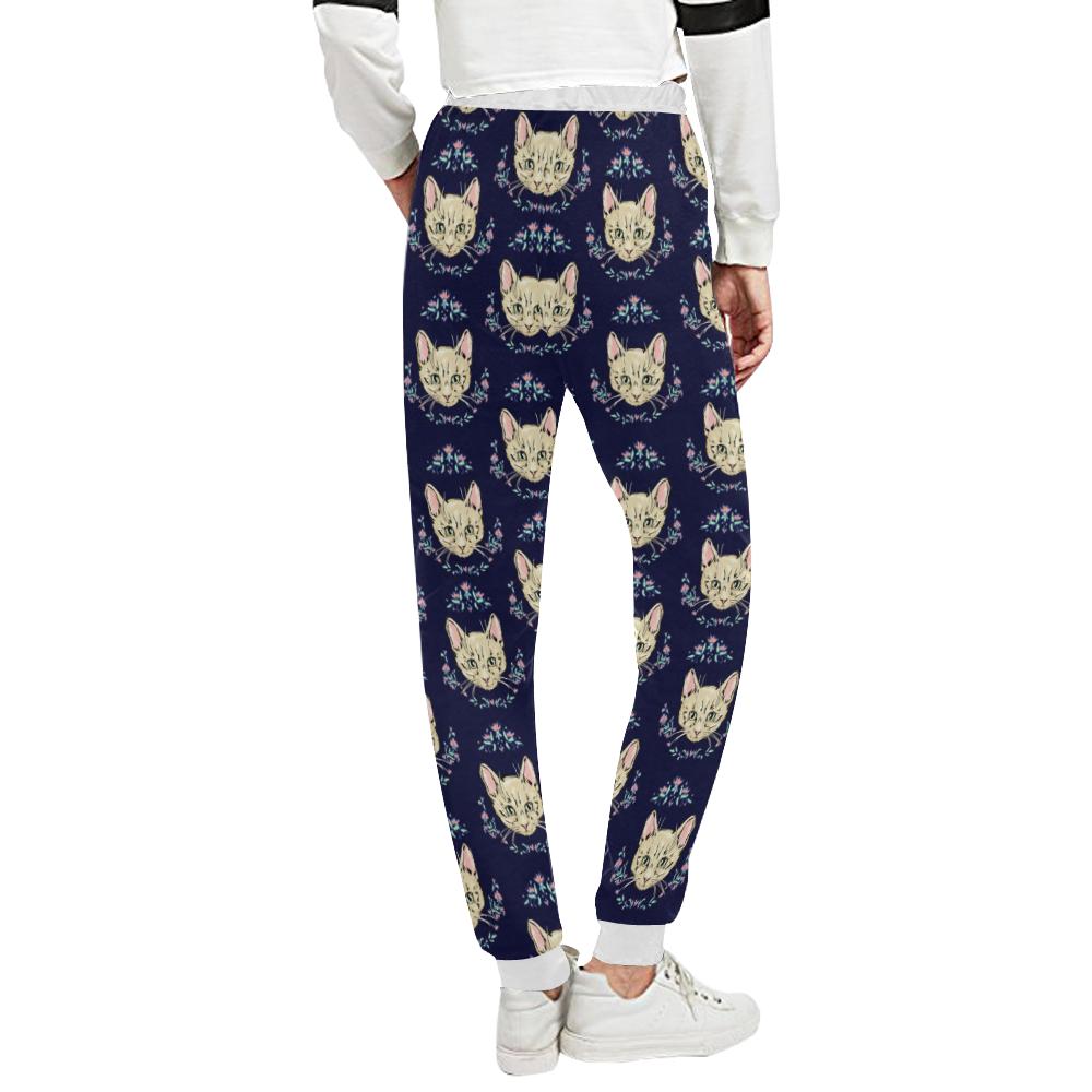 Cat Head with flower Print Pattern Unisex Casual Sweatpants (Model L11)-JTAMIGO.COM