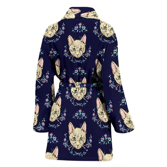 Cat Head with flower Print Pattern Women Bath Robe-JTAMIGO.COM