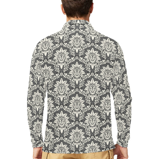 Damask Elegant Print Pattern Long Sleeve Polo Shirt For Men's
