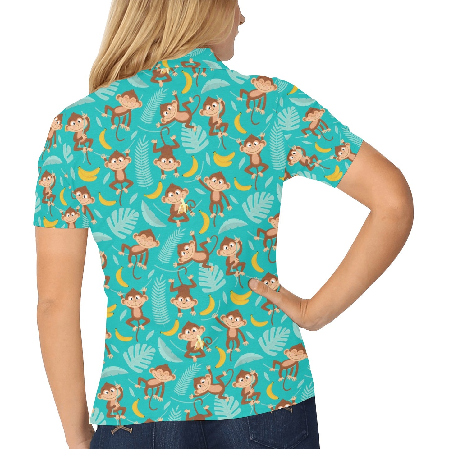 Monkey Happy Design Themed Print Women's Polo Shirt