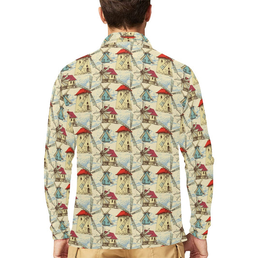 Windmill Pattern Print Design 01 Long Sleeve Polo Shirt For Men's