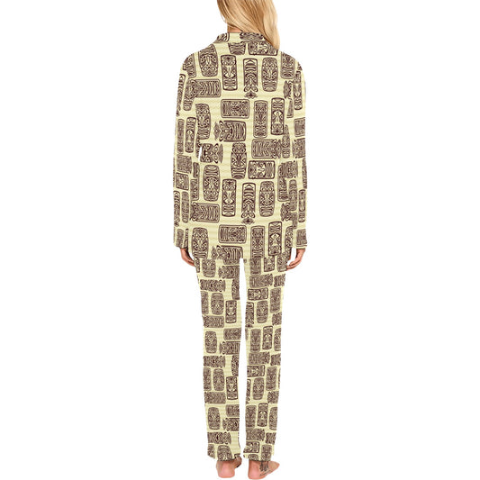 Tiki Brown Mask Print Women's Long Pajama Set