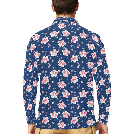 Sakura Print Design LKS306 Long Sleeve Polo Shirt For Men's