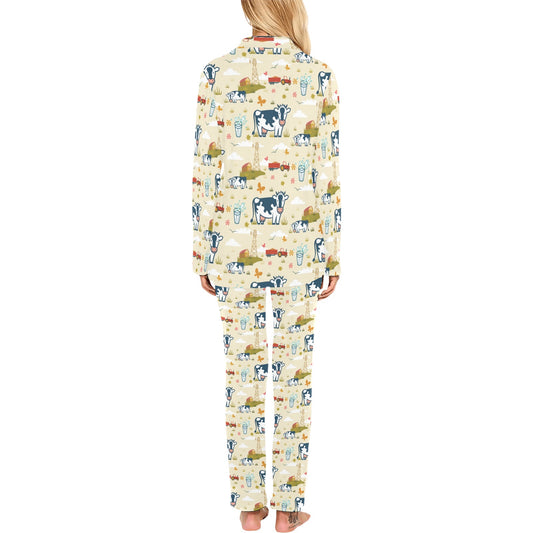 Cow Farm Design Print Women's Long Pajama Set