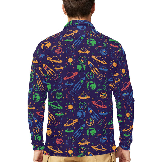 UFO Space Rocket Print Design LKS302 Long Sleeve Polo Shirt For Men's