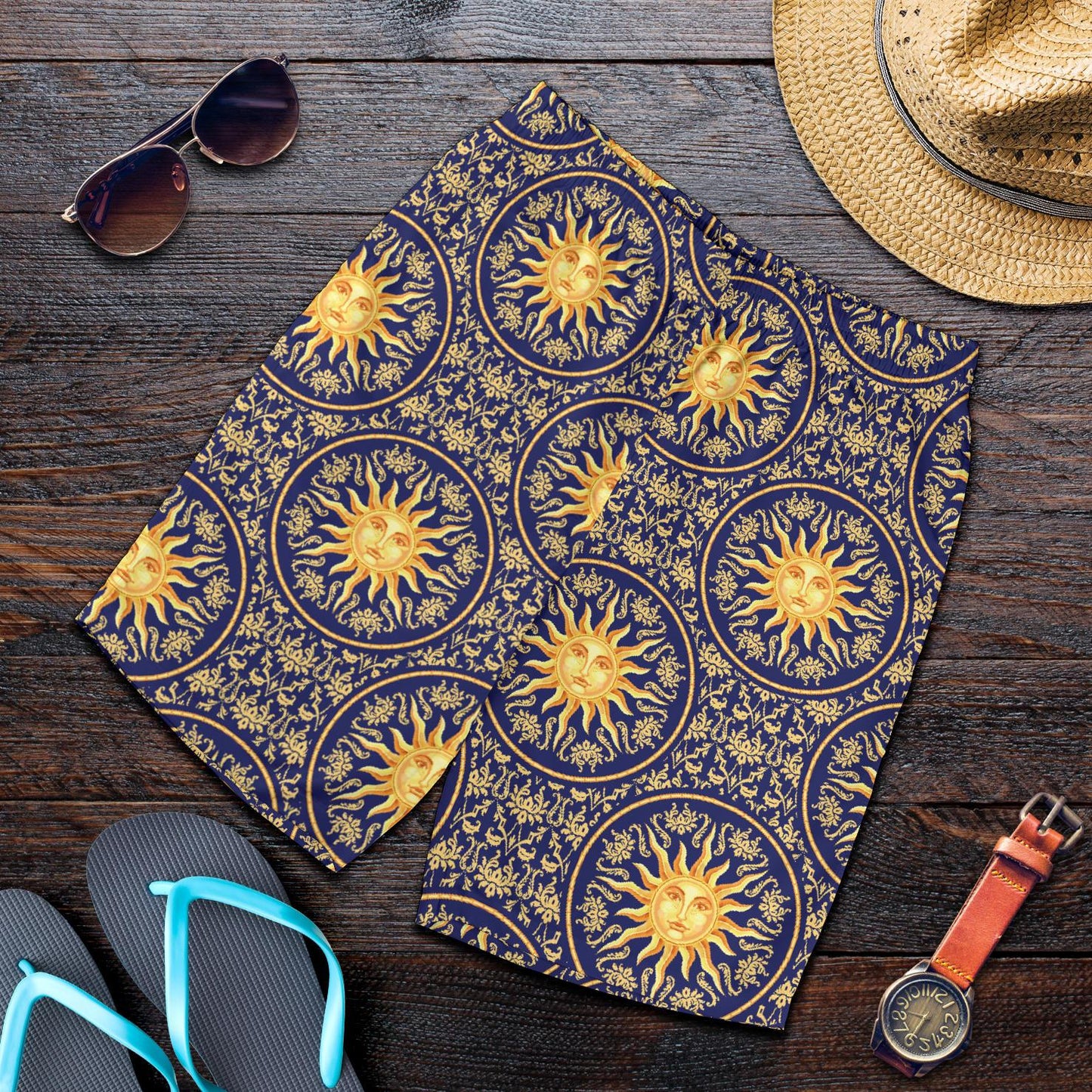 Celestial Gold Sun Face Mens Shorts-JTAMIGO.COM