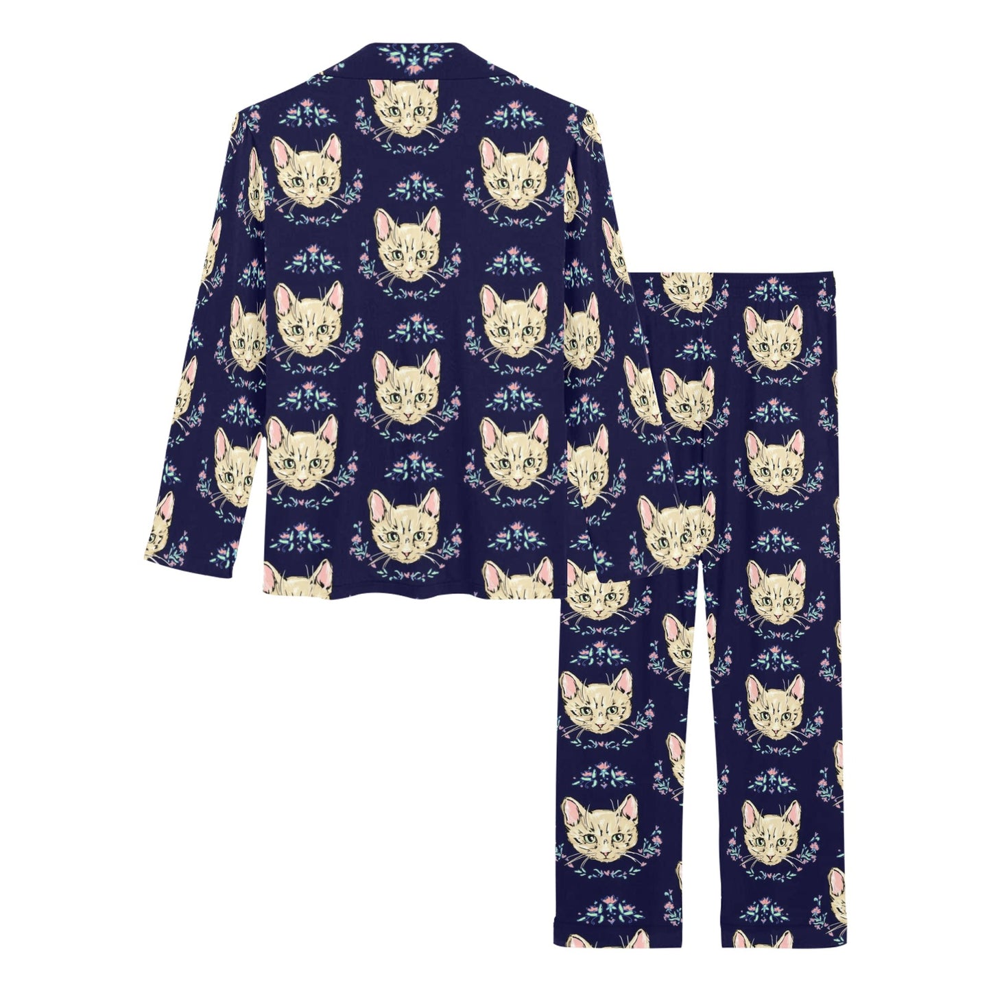 Cat Head with flower Print Pattern Women's Long Pajama Set