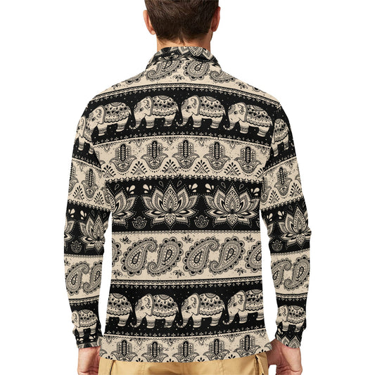 Elephant Hansa Lotus Pattern Long Sleeve Polo Shirt For Men's