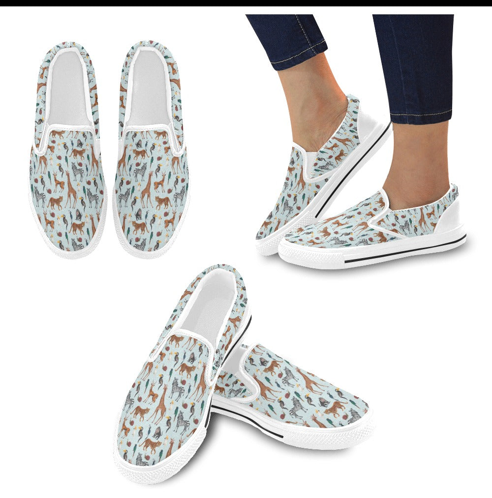 Safari Animal Print Design LKS306 White Slip Ons Canvas Women's Shoes