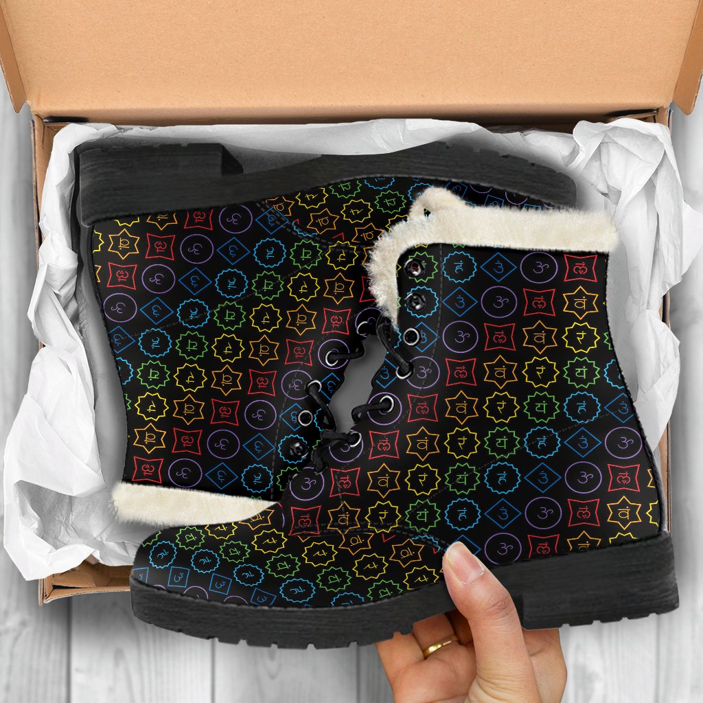 Chakra Colorful Symbol Pattern Faux Fur Leather Boots-JTAMIGO.COM