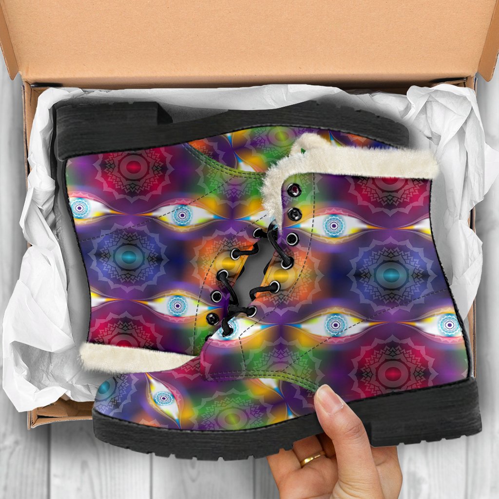 Chakra Eye Print Pattern Faux Fur Leather Boots-JTAMIGO.COM