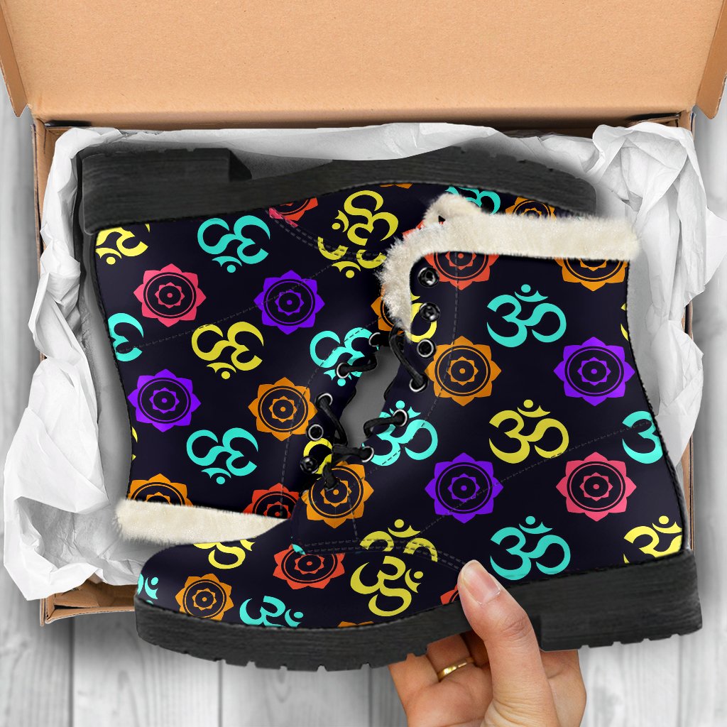 Chakra OM Print Pattern Faux Fur Leather Boots-JTAMIGO.COM
