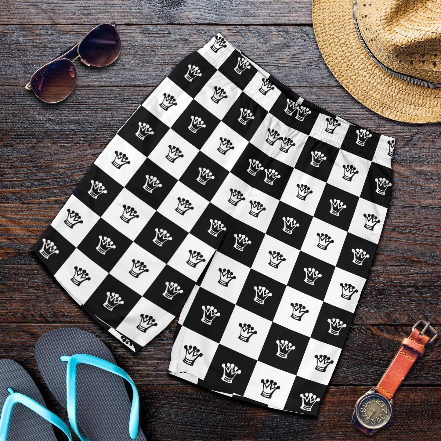 Checkered Flag Crown Pattern Mens Shorts-JTAMIGO.COM