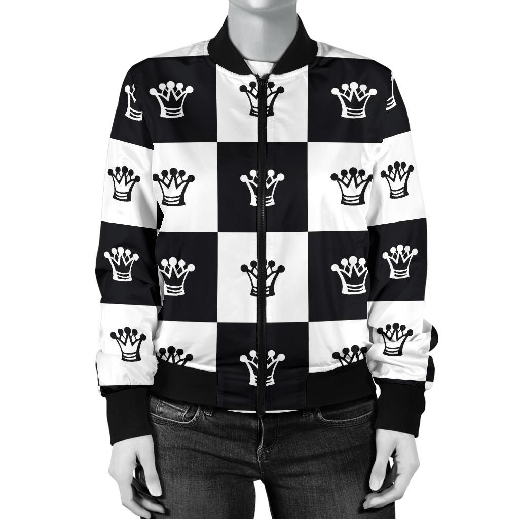 Checkered Flag Crown Pattern Women Casual Bomber Jacket