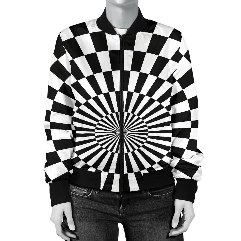 Checkered Flag Optical illusion Women Casual Bomber Jacket