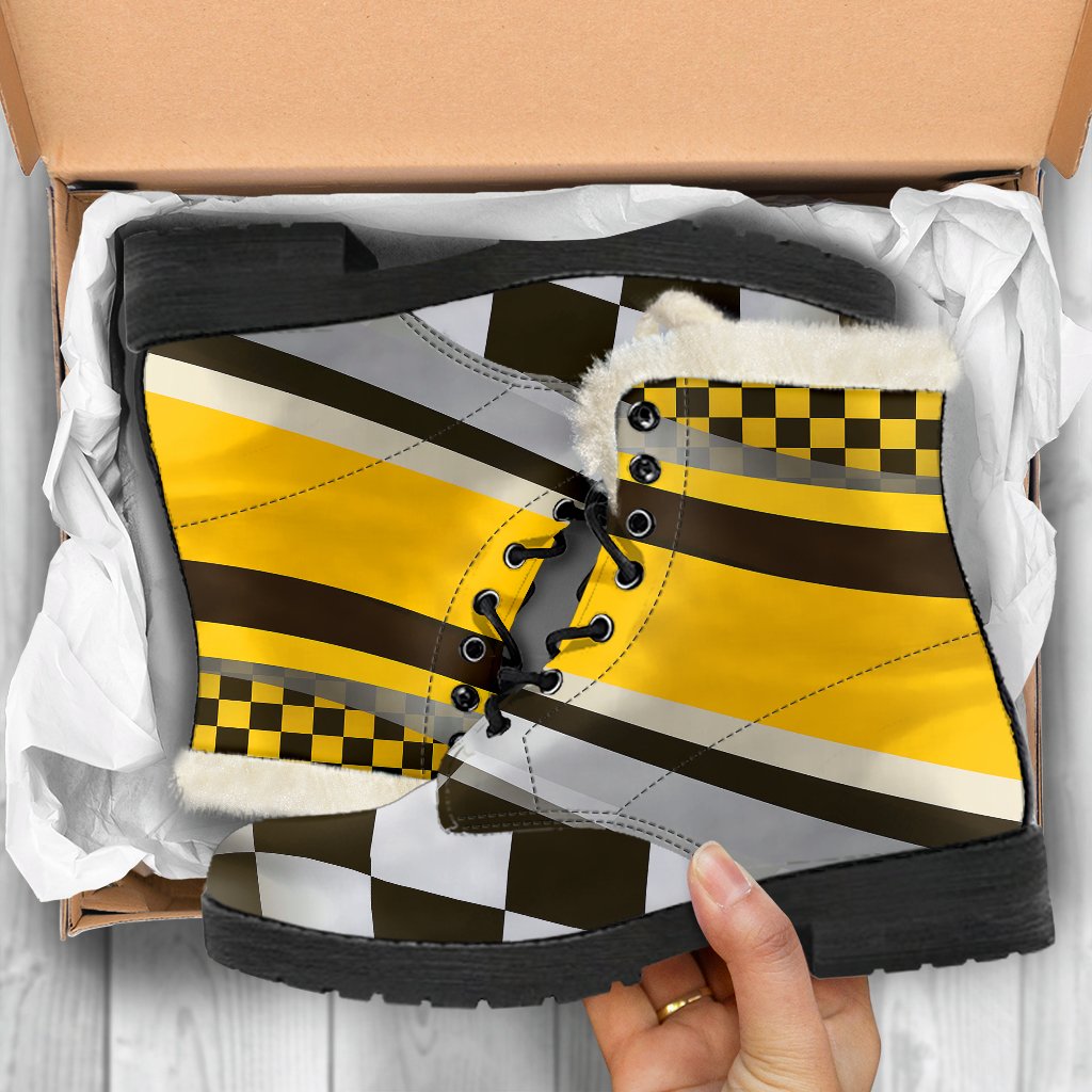 Checkered Flag Racing Style Faux Fur Leather Boots-JTAMIGO.COM