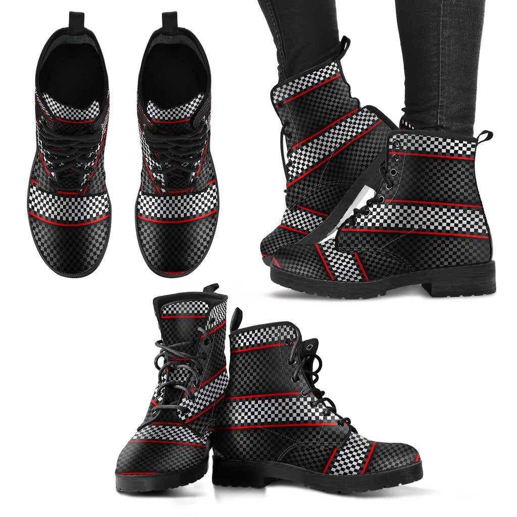 Checkered Flag Red Line Style Women Leather Boots-JTAMIGO.COM