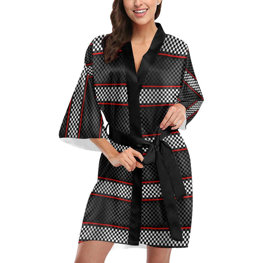 Checkered Flag Red Line Style Women Short Kimono Robe