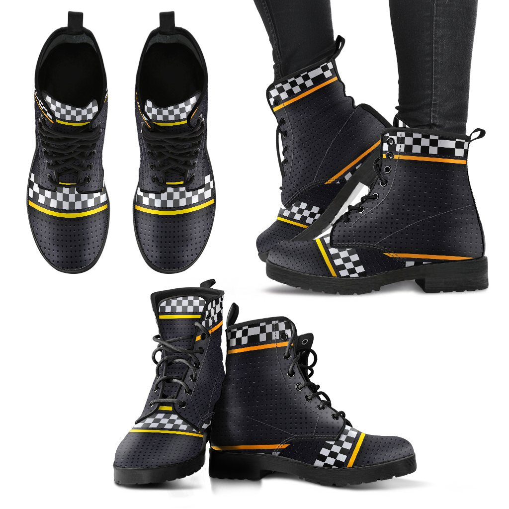 Checkered Flag Yellow Line Style Women Leather Boots-JTAMIGO.COM