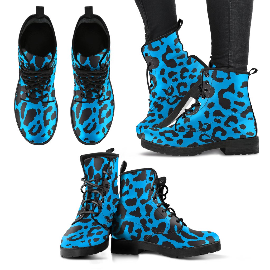 Cheetah Blue Print Pattern Women Leather Boots-JTAMIGO.COM